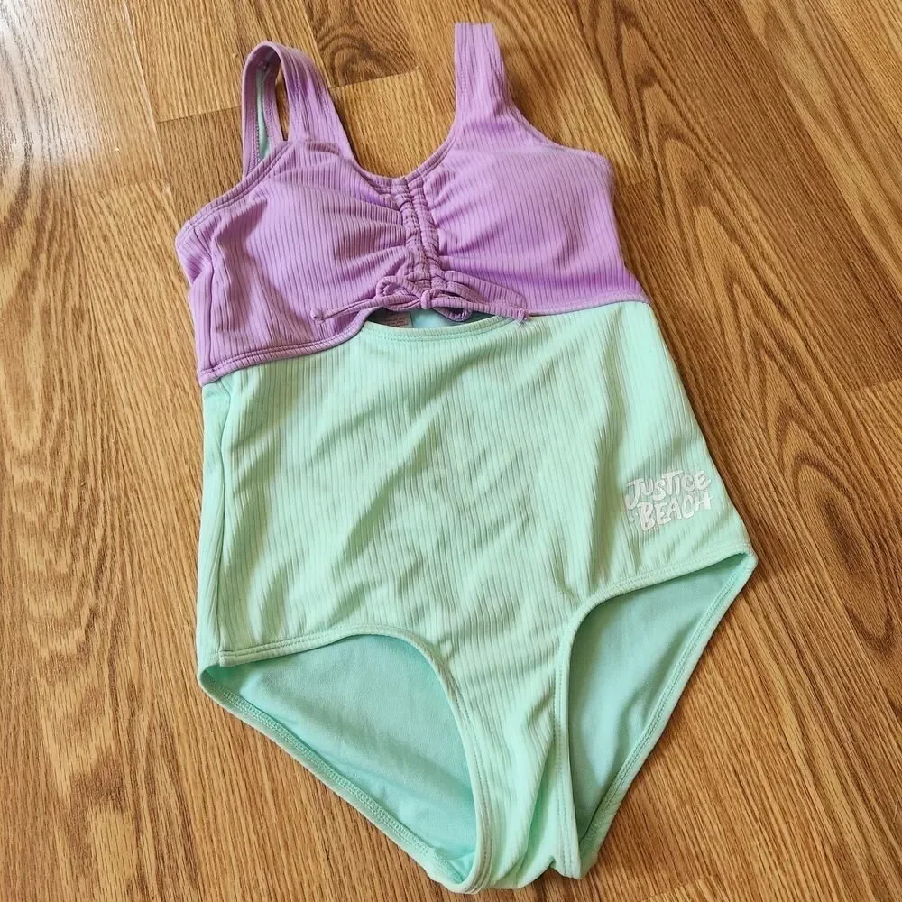 Justice One Piece Swimsuit Girls Size Medium 10 Purple & Green Padded